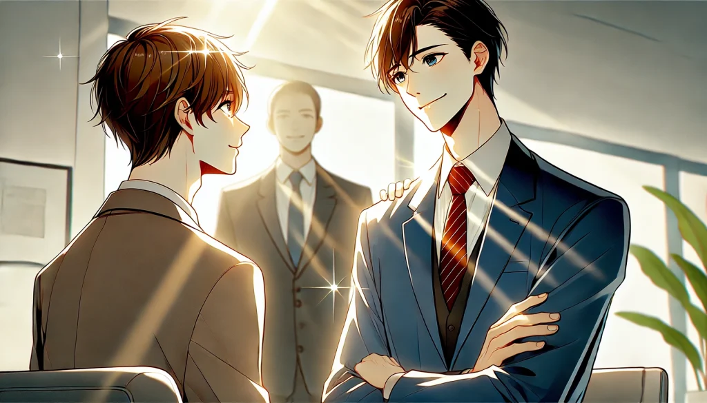 オフィスでスーツ姿の男性社員が笑顔で会話しているアニメ調イラスト。先輩が優しく後輩の肩に手を置き、温かな日差しが差し込む職場の雰囲気が描かれている。