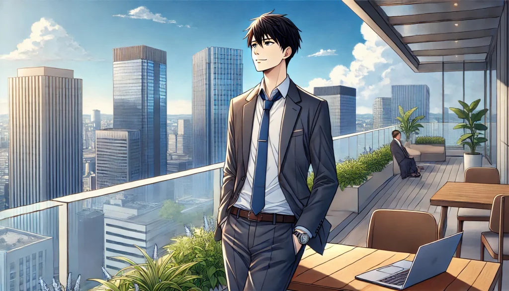 高層ビルの屋上テラスでスーツ姿の30代男性会社員が穏やかな表情で遠くを見つめている。ムダな会議のない自由な働き方を象徴するビジネスシーン
