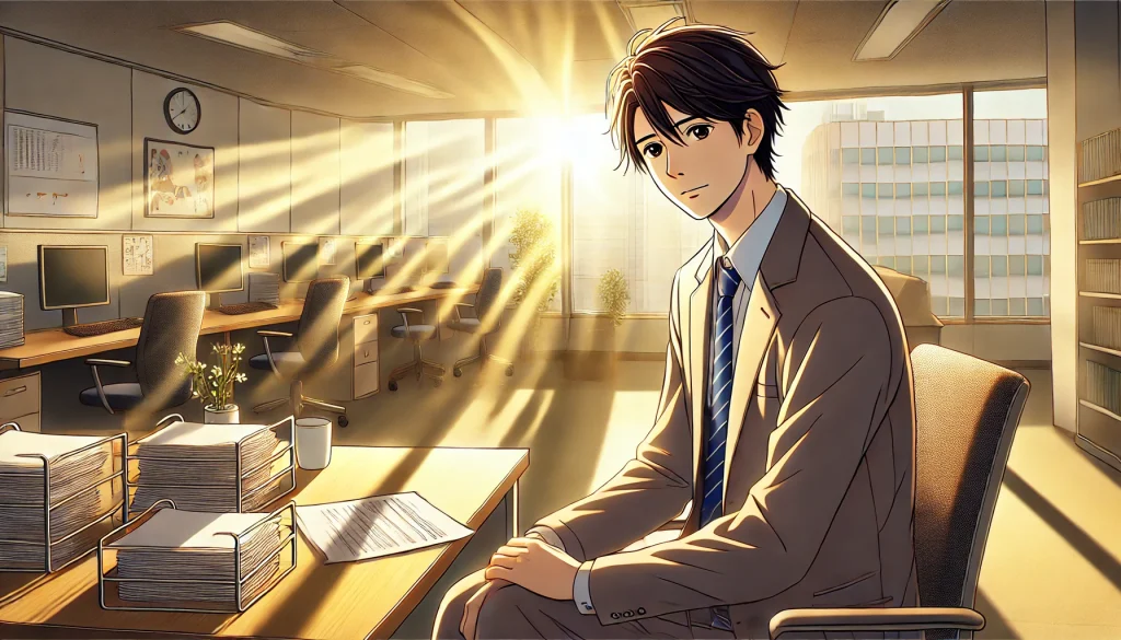 オフィスの朝日を背に、穏やかな表情で未来を見つめるスーツ姿の若手社員。<br />
デスクには書類とコーヒーカップが並び、窓から差し込む光が希望と前向きな気持ちを象徴しているアニメ風イラスト。