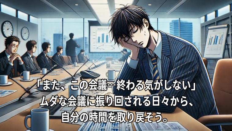 30代社員がムダな会議に直面する職場風景のイラスト
