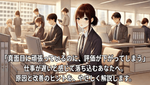 真面目だけど仕事が遅いと評価され悩む社員のイラスト