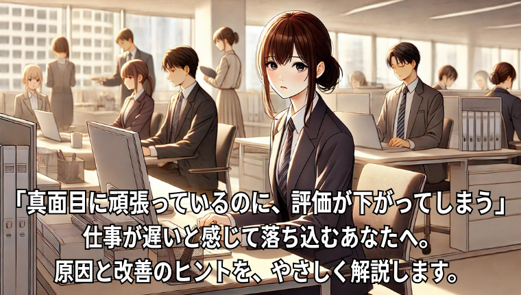 真面目だけど仕事が遅いと評価され悩む社員のイラスト