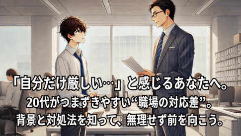 「扱われ方の違いに悩む20代社員のイメージイラスト